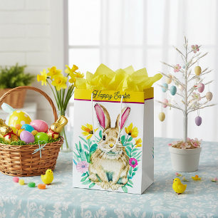 Watercolor bunny and flowers easter medium gift bag