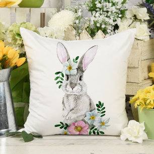 Watercolor Bunny and Flowers Throw Pillow