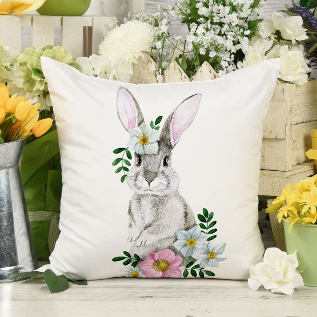 Watercolor Bunny and Flowers Throw Pillow (Creator Uploaded)