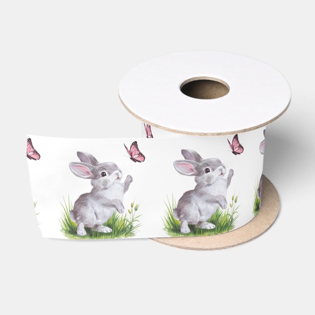Watercolor Bunny and Pink Butterfly Satin Ribbon (Spool)