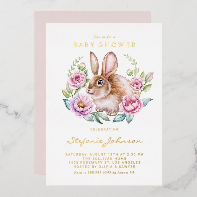 Watercolor Bunny and Pink Flowers Baby Shower (Front/Back)