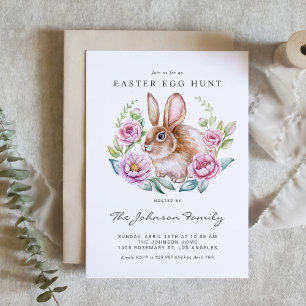 Watercolor Bunny and Pink Flowers Easter Egg Hunt Invitation