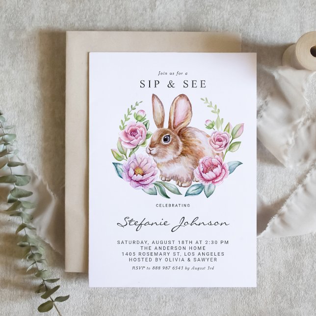 Watercolor Bunny and Pink Flowers Sip and See Invitation (Customizable baby sip and see invitation featuring a cute watercolor bunny with pink flowers.)