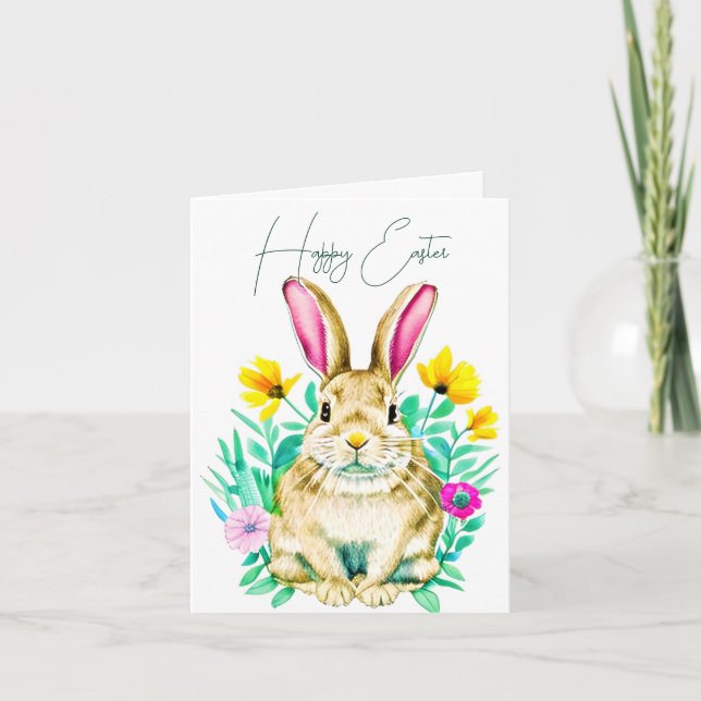 Watercolor bunny and spring flowers custom Easter Card (Front)