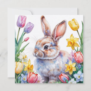 Watercolor Bunny and Spring Flowers Holiday Card
