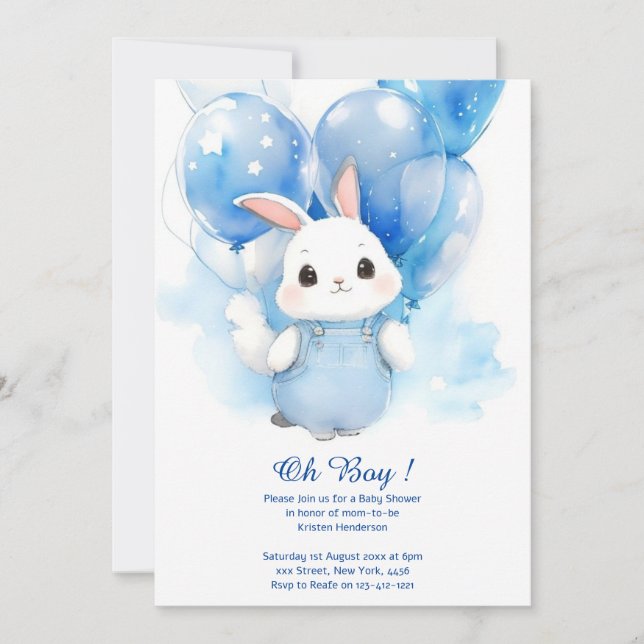 Watercolor Bunny Boy Baby Shower Invitation (Front)