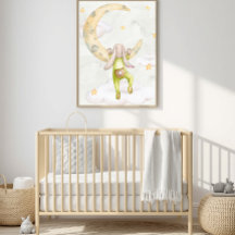 Watercolor Bunny Climbing Moon Nursery Art - Blue