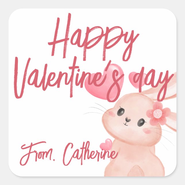 Watercolor bunny cute valentine heart square sticker (Front)