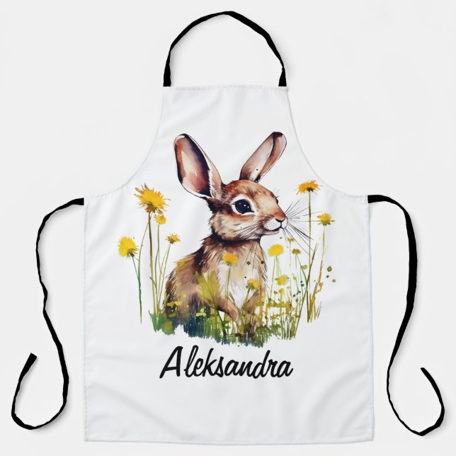Watercolor Bunny Dandelion Personalized Apron (Front)
