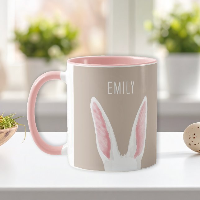 Watercolor Bunny Ears On Beige With Custom Name Mug (Creator Uploaded)