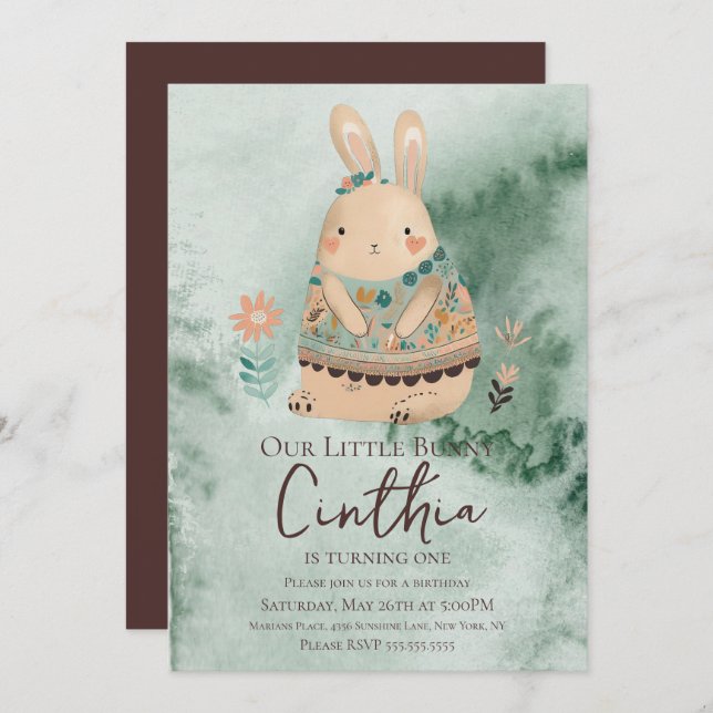 Watercolor Bunny Easter Pastel Boho Birthday  Invi Invitation (Front/Back)