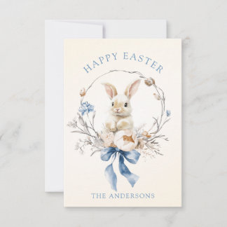 Watercolor Bunny Flowers Blue Bow Spring Card