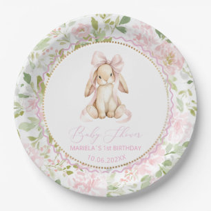  Watercolor  bunny girl vintage floral 1st birthda Paper Plate