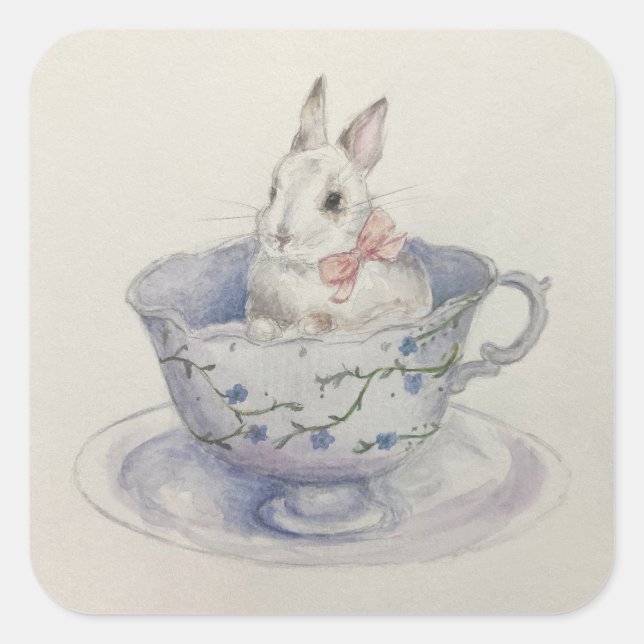Watercolor Bunny in Floral Teacup Square Sticker (Front)