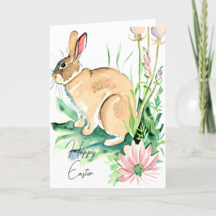 Watercolor bunny in flower garden custom Easter Holiday Card