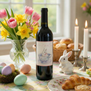 Watercolor Bunny in Teacup   Easter Wine Label