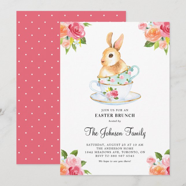 Watercolor Bunny on Teacups Floral Easter Brunch Invitation (Front/Back)