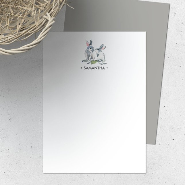 Watercolor Bunny Personalized Stationery Card (Personalized note cards watercolor bunnies by Victoria Grigaliunas of VG Invites)