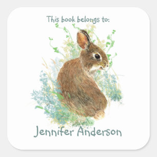 Watercolor Bunny Rabbit Cute Animal Fun Bookplate Square Sticker