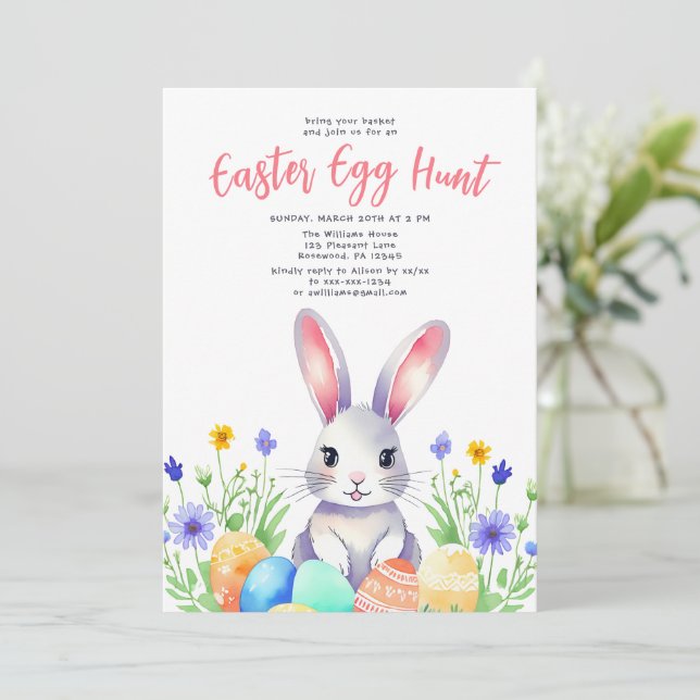 Watercolor Bunny Rabbit Easter Egg Hunt Invitation (Standing Front)