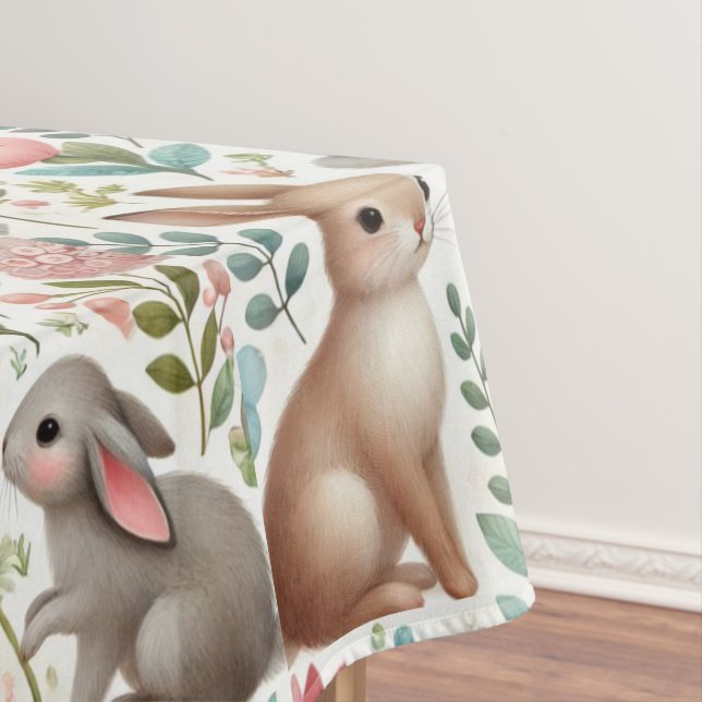 Watercolor  Bunny Rabbit Floral Tablecloth (In Situ)
