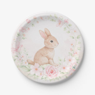 Watercolor Bunny Rabbit Floral Wreath Baby Shower Paper Plate