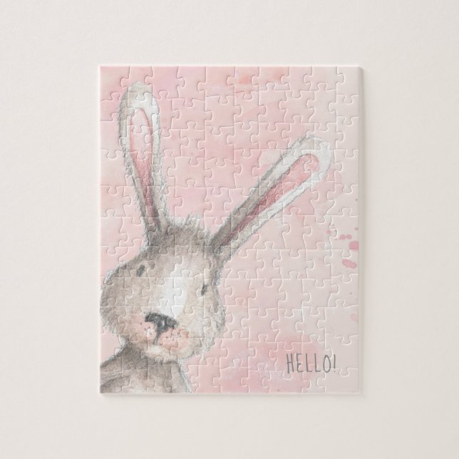 Watercolor Bunny Rabbit Hello custom Jigsaw Puzzle (Vertical)