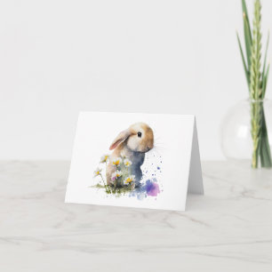 Watercolor Bunny Rabbit in Field of Flowers BLANK  Card