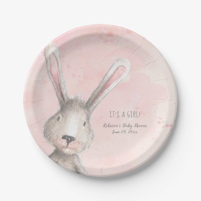 Watercolor Bunny Rabbit It's A Girl custom Paper Plate (Front)