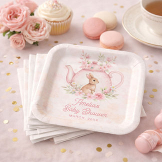 Watercolor Bunny Rabbit Tea Pot Floral Baby Shower Paper Plate