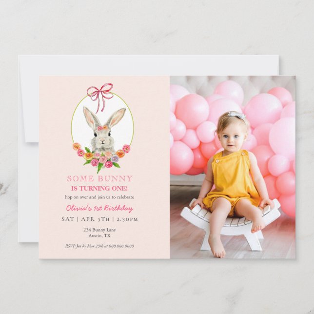 Watercolor Bunny rabbit with photo 1st birthday Invitation (Front)