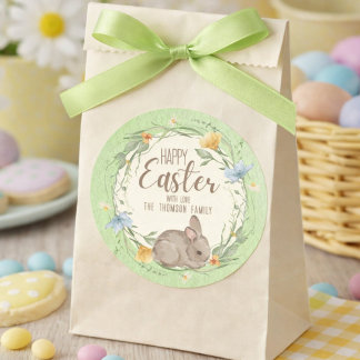 Watercolor Bunny Spring Wildflowers Happy Easter  Classic Round Sticker