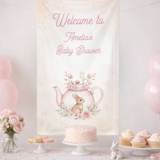 Watercolor Bunny Tea Party Floral Girl Baby Shower Banner