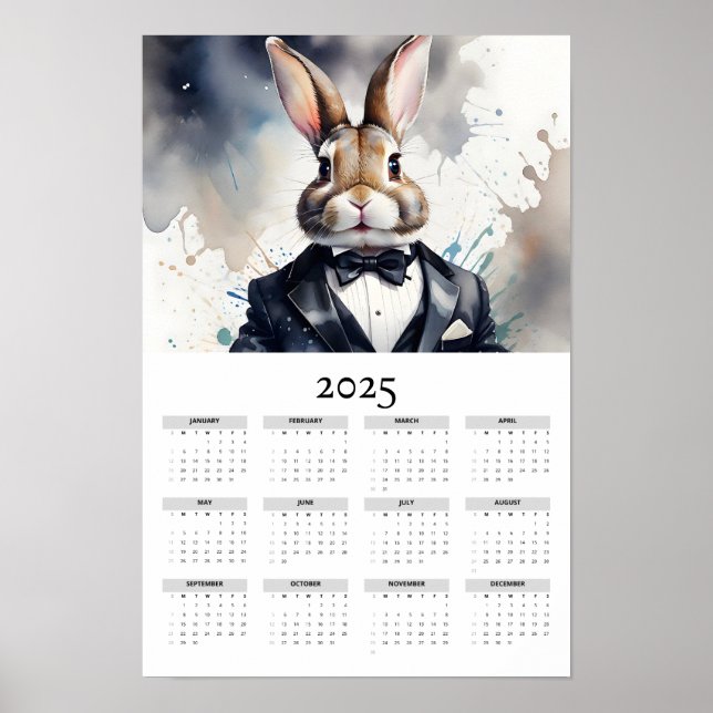 Watercolor Bunny Tuxedo Bow Tie 2025 Wall Calendar Poster (Front)