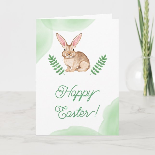 Watercolor Bunny With Big Ears Happy Easter Card (Front)