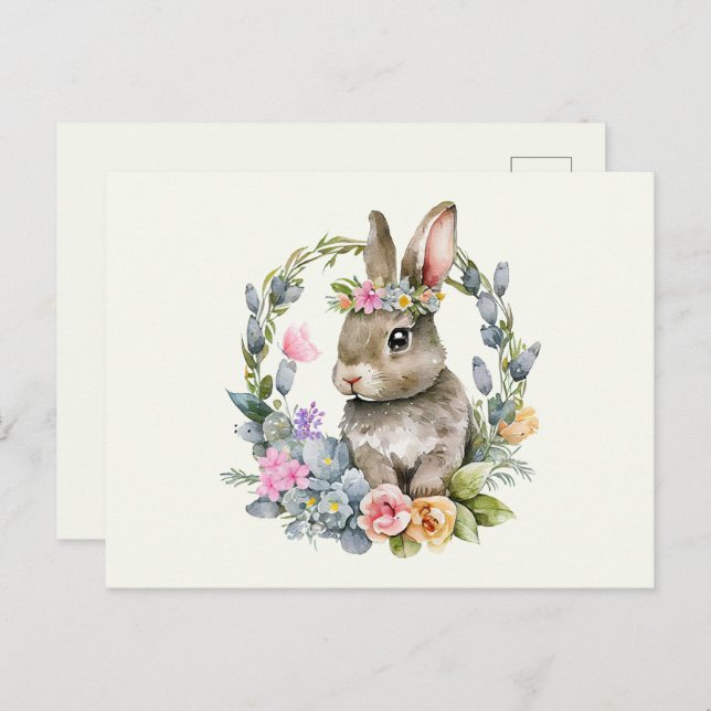 Watercolor Bunny with Floral Wreath  Postcard (Front/Back)