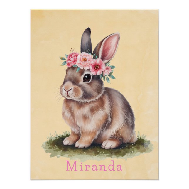 Watercolor Bunny With Flower Crown Baby Shower Poster (Front)