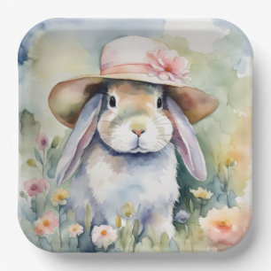 Watercolor Bunny With New Hat Paper Plate