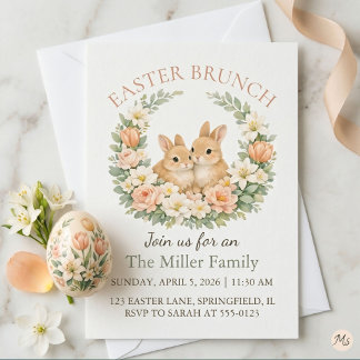 Watercolor Bunny Wreath Floral Easter Sunday 2026 Holiday Card