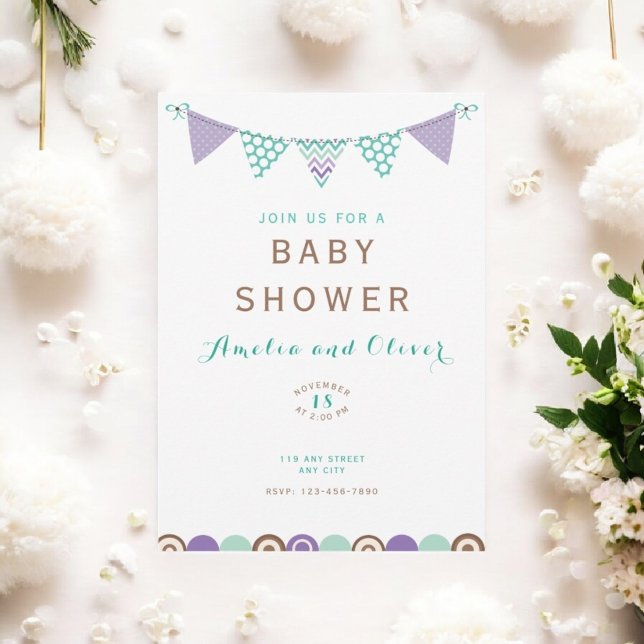 Watercolor Bunting Banner  Neutral Baby Shower Invitation (Creator Uploaded)