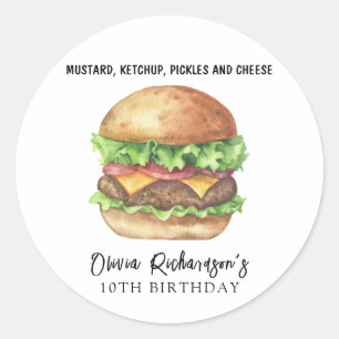 Watercolor Burger Party Birthday Classic Round Sticker