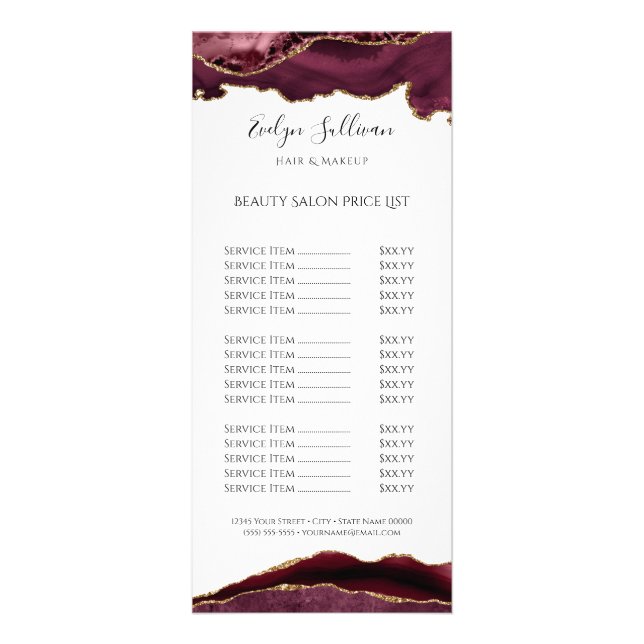 watercolor burgundy agate price list rack card (Front)