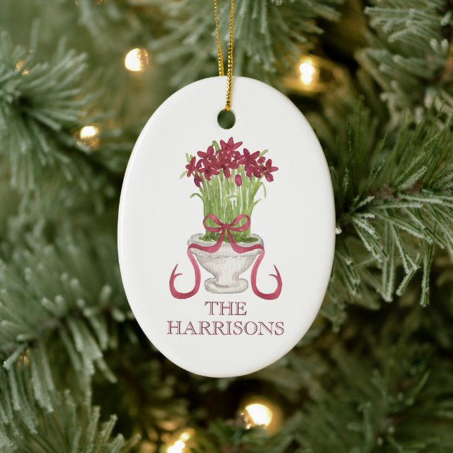 Watercolor Burgundy Amaryllis Christmas Ceramic Ornament (Tree)