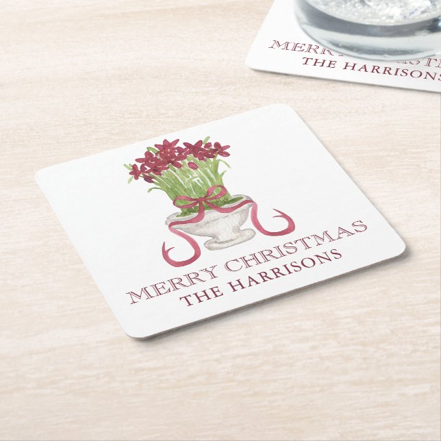 Watercolor Burgundy Amaryllis Christmas Square Paper Coaster (Angled)