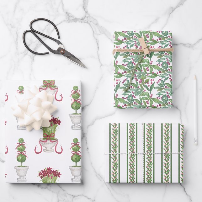 Watercolor Burgundy Amaryllis & Topiary Christmas Wrapping Paper Sheet (Front)