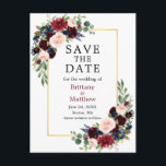 Watercolor Burgundy and Blue Floral Save the Date Postcard<br><div class="desc">Elegant Watercolor Burgundy Blue Floral Save The Date Engagement Wedding Announcement Postcard includes burgundy roses,  pink roses,  red roses,  blue flowers and botanical greenery on a gold frame.</div>