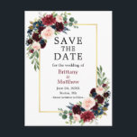 Watercolor Burgundy and Blue Floral Save the Date Postcard<br><div class="desc">Elegant Watercolor Burgundy Blue Floral Save The Date Engagement Wedding Announcement Postcard includes burgundy roses,  pink roses,  red roses,  blue flowers and botanical greenery on a gold frame.</div>