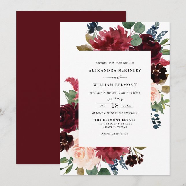 Watercolor Burgundy and Blue Flowers Wedding Invitation