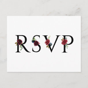 Watercolor Burgundy and Blue Flowers Wedding RSVP Postcard