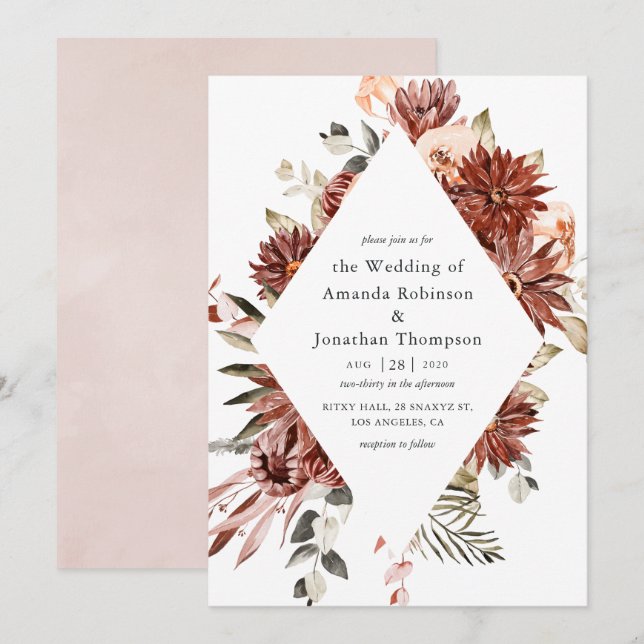 Watercolor Burgundy and Blush Floral Wedding Invitation (Front/Back)